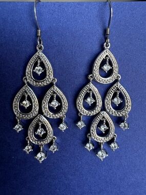 Classic Silver Teardrop Dangle Earrings with Clear Stones - Brand: